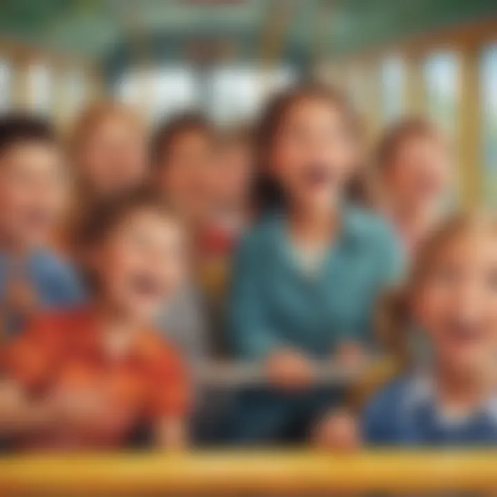 Illustration of a group of children engaging in a sing-along on a bus