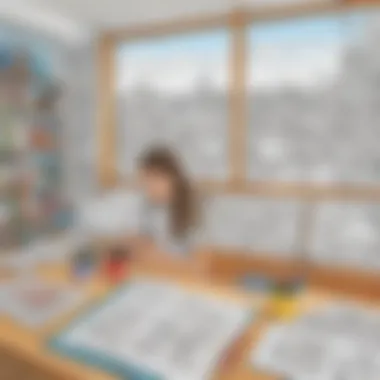 An organized educational setting with printable colouring pages displayed