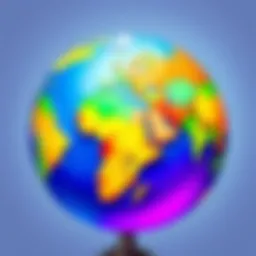 A colorful globe highlighting different continents