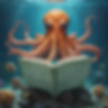 Illustration of an inquisitive octopus reading a book about underwater adventures