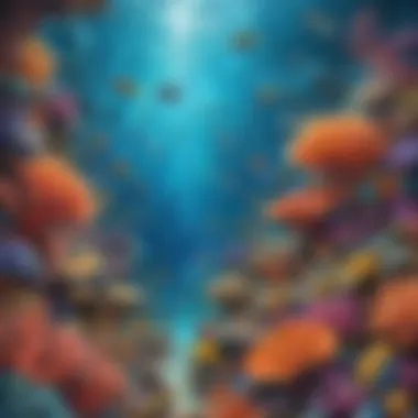 Illustration of a mesmerizing coral reef teeming with colorful sea creatures
