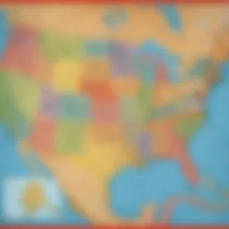 Labeled map highlighting the United States with states and capitals
