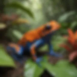 Colorful poison dart frog blending into rainforest foliage