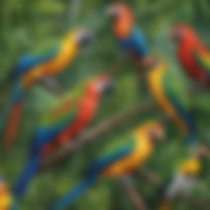 Tropical birds showcasing vibrant plumage in rainforest