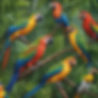 Vibrant Tropical Birds of the Rainforest Tropical birds showcasing vibrant plumage in rainforest