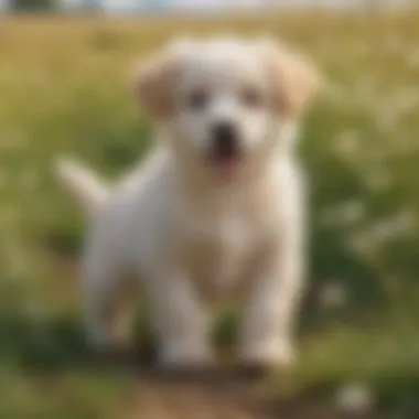 Adorable fluffy puppy playing in a field