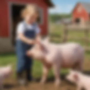 Preschooler feeding a pig on a farm