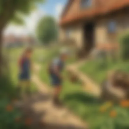 Illustration of children exploring a farm during a scavenger hunt