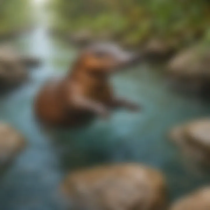 Colorful platypus swimming in freshwater stream