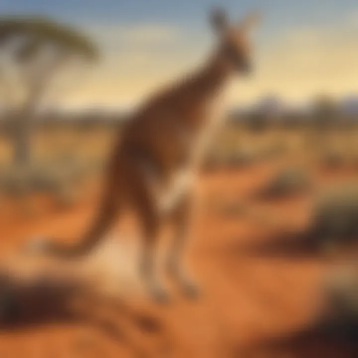 Giant kangaroo bounding across outback landscape