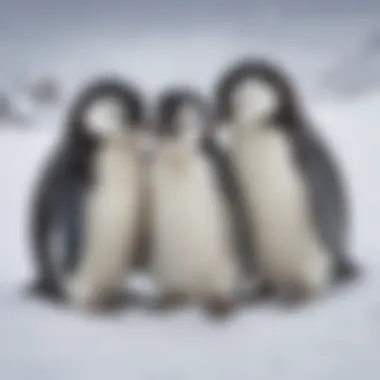 Adorable baby penguins huddling together for warmth in a snowy landscape