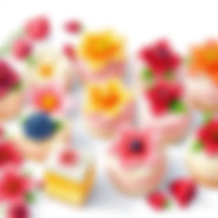 A vibrant assortment of flower-themed desserts beautifully displayed.