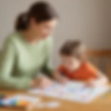 Illustration demonstrating a parent and child working together on tracing alphabet letters