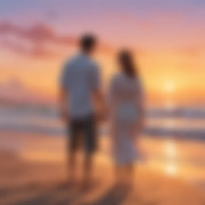 Two friends enjoying a peaceful sunset by the beach