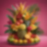 Colorful fruit centerpiece adorned with tropical elements