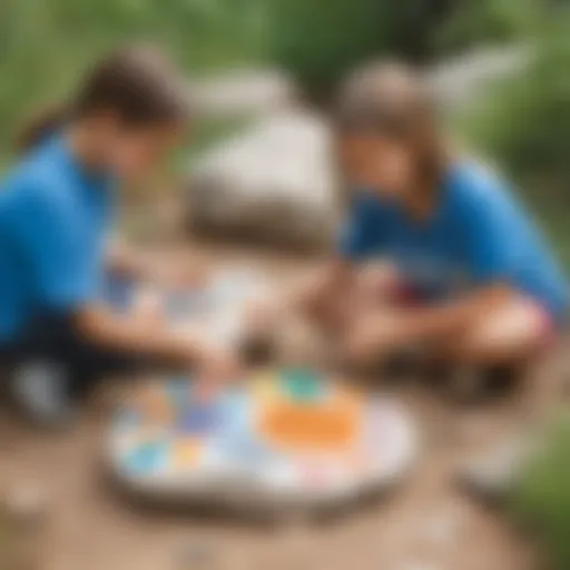 Children painting on rocks in outdoor setting