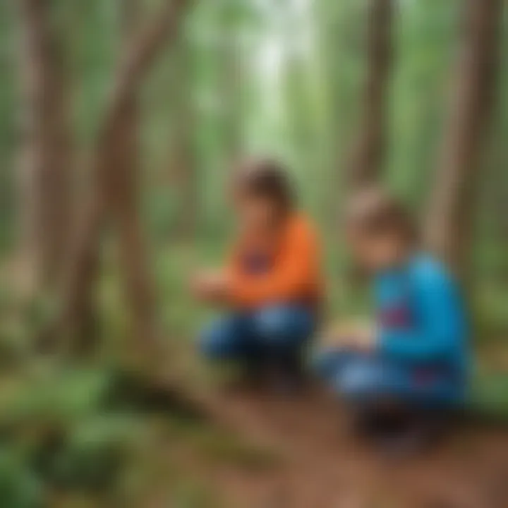 Children exploring nature while crafting twig ornaments