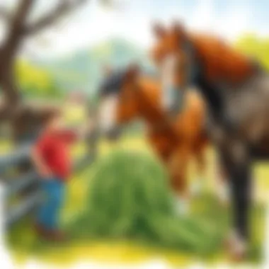 Children feeding horses fresh hay in a picturesque setting