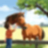 A child gently grooming a horse in a serene environment