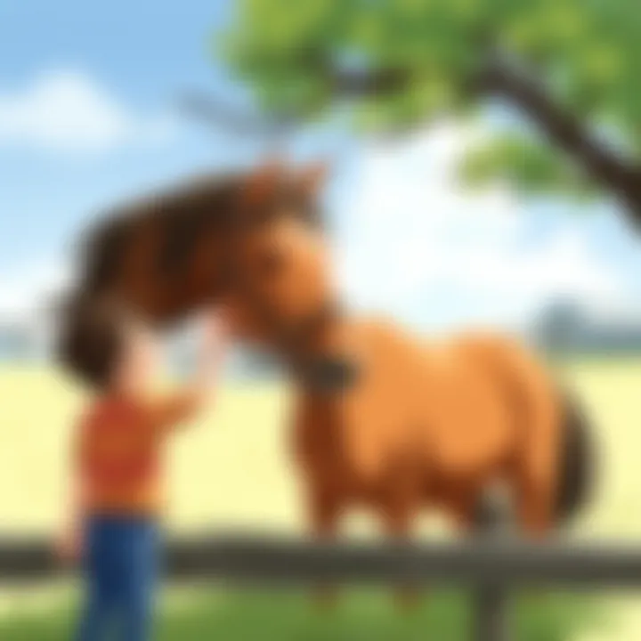 A child gently grooming a horse in a serene environment