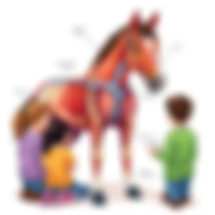 A group of children learning about horse anatomy with diagrams