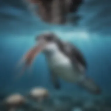 Galapagos penguin diving deep to catch squid