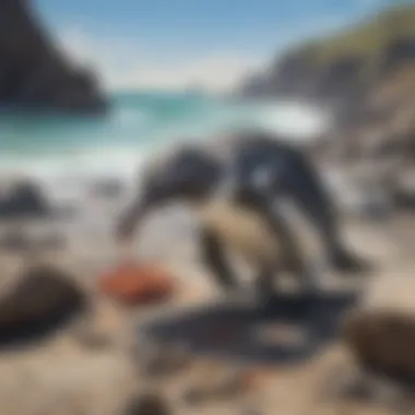 Galapagos penguin foraging for small crustaceans on rocky shore