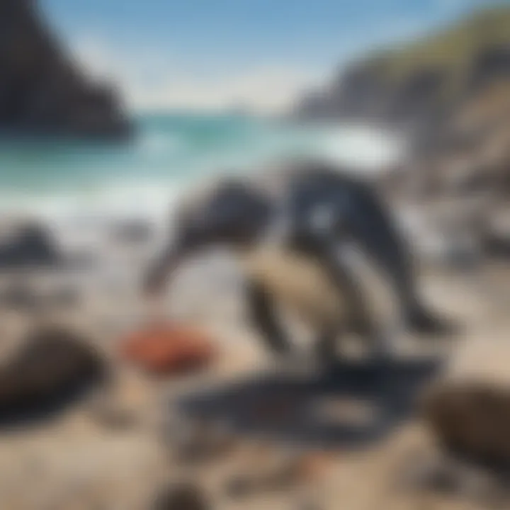Galapagos penguin foraging for small crustaceans on rocky shore