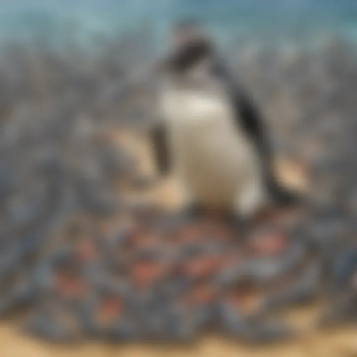 Close-up of Galapagos penguin with freshly caught sardines