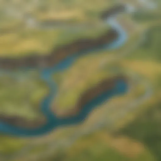 Aerial view of a meandering river cutting through a vast plain