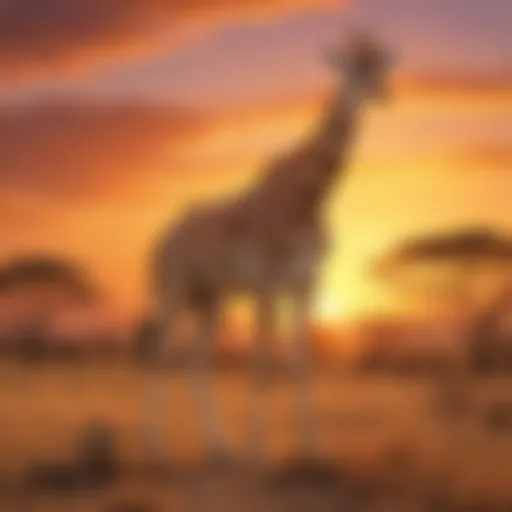 A majestic giraffe grazing in the savannah at sunset