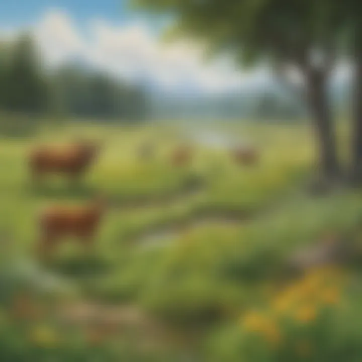 Illustration of a grassland habitat highlighting various species of plants and animals