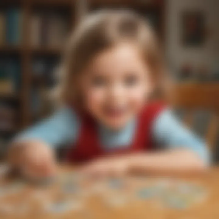 Illustration of a child happily solving a picture matching puzzle