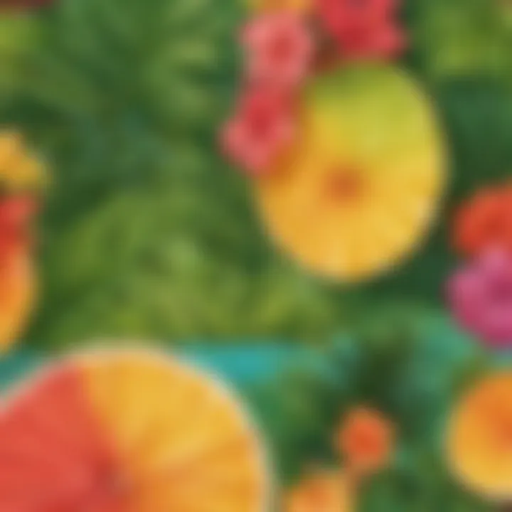 A colorful setup of luau-themed decorations and props for a festive party atmosphere.