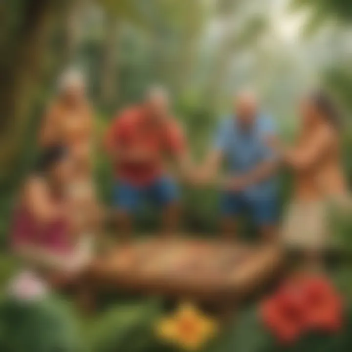 A cheerful group of seniors playing a traditional Hawaiian game, surrounded by tropical plants and flowers.