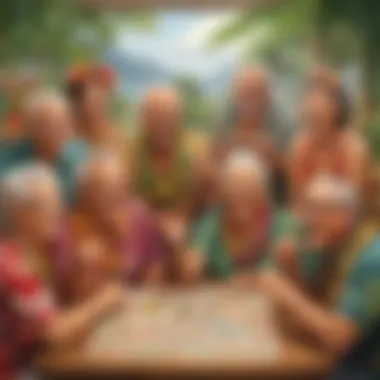 Hawaiian Bingo Fun Seniors engaging in a lively game of Hawaiian-themed bingo, showcasing vibrant cards and joyful expressions.