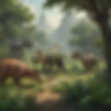 Harmonious Gathering of Herbivorous Dinosaurs in a Verdant Landscape Diverse species of herbivorous dinosaurs grazing in a lush prehistoric environment