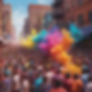 Holi festival decorations in a bustling American city