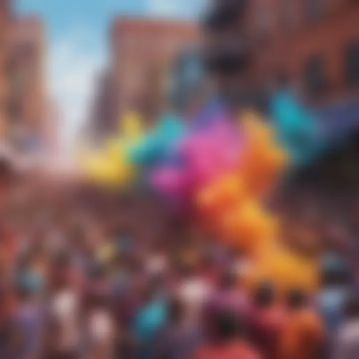 Holi festival decorations in a bustling American city