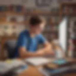 A student engaged in focused study with books and a laptop around