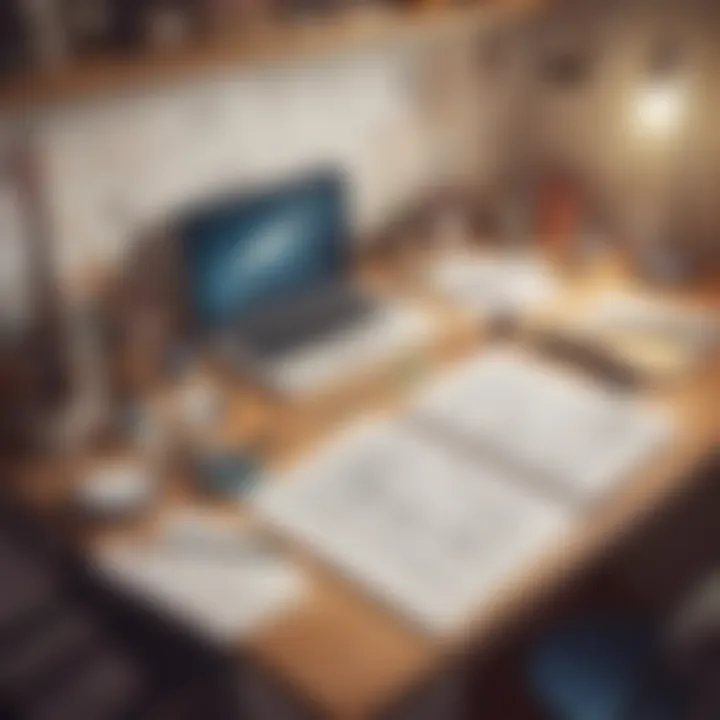 A creative workspace filled with notes, sketches, and writing tools.