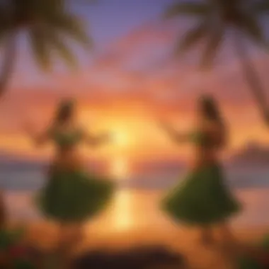 Traditional Hawaiian hula dancers against a sunset backdrop