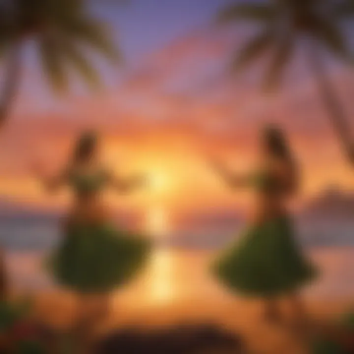 Traditional Hawaiian hula dancers against a sunset backdrop