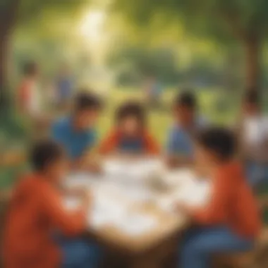 Illustration of diverse group of children writing poetry outdoors