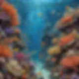 A vibrant coral reef teeming with colorful fish and marine life.