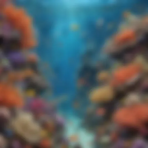 A vibrant coral reef teeming with colorful fish and marine life.
