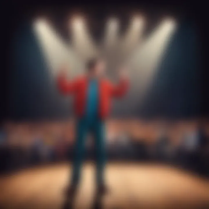 Confident performer standing on stage under spotlight