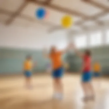 Children enjoying a game of balloon volleyball indoors