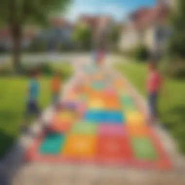 Children playing hopscotch in a colorful outdoor setting