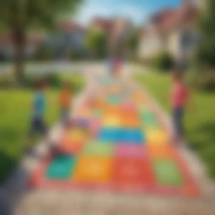 Children playing hopscotch in a colorful outdoor setting